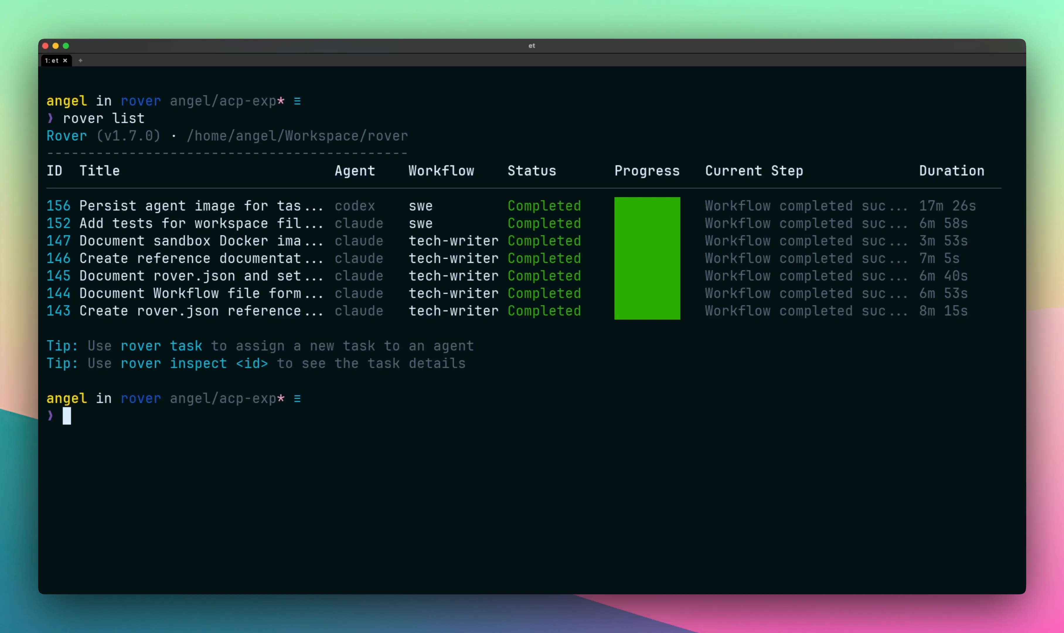 Rover showing multiple documentation tasks